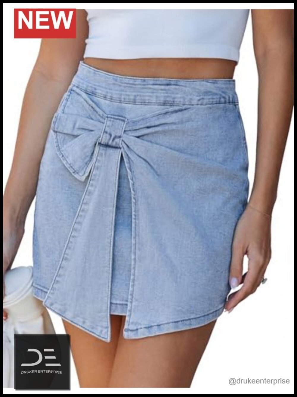 High Rise Denim Skort with Bow Detail and Built-in Shorts
